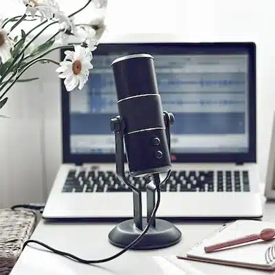 Podcast mic and laptop